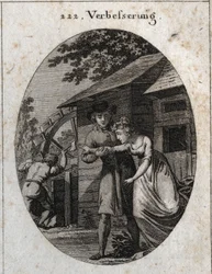Allégorie de la correction. Expression : Au moulin et à une jeune mariée, il y a toujours quelque chose à refaire.