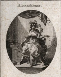 Allégorie de la courtoisie représentée par une femme riche, gracieuse et souriante qui répand de l