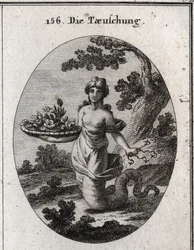 Allégorie de la tromperie. Parmi les fleurs du panier se trouve un serpent. Elle dissimule derrière elle plusieurs hameçons. Ses jambes se terminent par une queue de serpent pour montrer qu