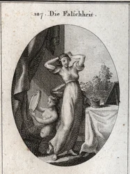 Allégorie de la fausseté. Son emblème est une sirène se regardant dans un miroir. Gravure dans « Iconologie oder Ideen aus dem Gebiete der Leidenschaften und Allegorien bildich dargestellt fur Zeichner, Mahler, Dichter... »
