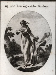 Allégorie de la finesse qui tend à tromper. Elle est représentée une main sur sa poitrine et l