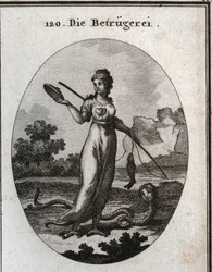 Allégorie de la fraude représentée avec un cœur double et tenant un masque. Elle tient une canne à pêche à laquelle un poisson a mordu. Ses jambes se terminent par des serres de vautour et elle possède une queue de scorpion. Son attribut est un serpent à