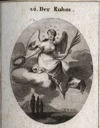 Allégorie de la gloire sur un nuage. Elle tient une palme et présente des couronnes de laurier avec lesquelles elle récompense ses favoris. Ses ailes marquent son élévation. Gravure dans « Iconologie oder Ideen aus dem Gebiete der Leidenschaften und Allego