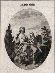 Allégorie de la bonté représentée par une beauté noble et abondante regardant le ciel avec amour. Le pélican symbolise la charité, le chien la fidélité et l