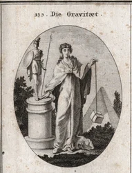 Allégorie de la gravité. La chaîne en or à laquelle est attaché un papier symbolise la confiance. La colonne et la statue signifient la conservation des actions glorieuses et la pierre dénote la pondération. Gravure dans « Iconologie oder Ideen aus dem Geb