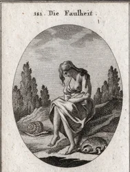 Allégorie de la paresse. Elle tient ses bras croisés. Son attribut est une tortue et une limace. Gravure dans « Iconologie oder Ideen aus dem Gebiete der Leidenschaften und Allegorien bildich dargestellt für Zeichner, Mahler, Dichter, Gelehrte, Erzieher un