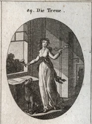 Allégorie de la loyauté dont les symboles sont la clé, le sceau et le chien. Gravure dans « Iconologie oder Ideen aus dem Gebiete der Leidenschaften und Allegorien »