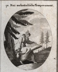 Allégorie du tempérament mélancolique. Il tient un livre et une bourse et sa bouche est fermée par un bandeau. Un oiseau est posé sur sa tête. Gravure dans « Iconologie oder Ideen aus dem Gebiete der Leidenschaften und Allegorien bildlich dargestellt für Z
