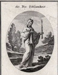 Allégorie de la modestie. Elle tient un sceptre au-dessus duquel se trouve un œil signifiant que la modestie doit être clairvoyante sur elle-même. Gravure dans « Iconologie oder Ideen aus dem Gebiete der Leidenschaften und Allegorien bildich dargestellt fu