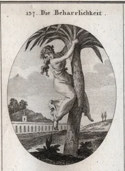 Allégorie de la persévérance. Le palmier, auquel une jeune fille est attachée, est le symbole de la vertu. Elle regarde la terre avec dédain. Gravure dans « Iconologie oder Ideen aus dem Gebiete der Leidenschaften und Allegorien ».