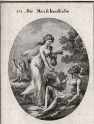 Allégorie de la philanthropie. Elle tient une bourse et vient secourir un pauvre homme à qui elle tend la main. Son attribut est un pélican qui ouvre son sein pour nourrir ses petits. Gravure dans « Iconologie oder Ideen aus dem Gebiete der Leidenschaften 