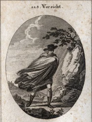 Allégorie de la providence. Expression : Quand il fait beau, prends ton manteau, quand il pleut, prends-le, si tu veux. Gravure dans « Iconologie oder Ideen aus dem Gebiete der Leidenschaften und Allegorien bildich dargestellt für Zeichner, Mahler, Dichter