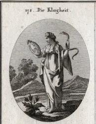 Allégorie de la prudence, ses attributs ordinaires sont le miroir et le serpent. Elle a deux visages, l