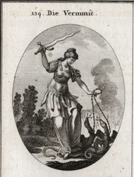 Allégorie de la raison, elle tient une épée flamboyante avec laquelle elle menace les vices représentés par des serpents qu