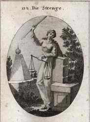 Allégorie de la rigueur représentée sous un aspect de férocité tenant de la main droite une verge de fer et s