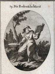 Allégorie des scrupules représentée par un vieil homme avec une chaîne en or à laquelle est attaché un cœur emblème de candeur et de bons conseils. Il tient un calendrier qu
