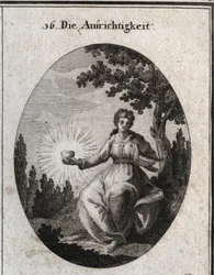 Allégorie de la sincérité tenant une colombe contre sa poitrine et présentant un cœur rayonnant. Gravure dans « Iconologie oder Ideen aus dem Gebiete der Leidenschaften und Allegorien bildich dargestellt fur Zeichner, Mahler, Dichter, Gelehrte, Erzieher un
