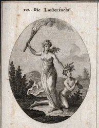 Allégorie de la calomnie tenant une torche allumée et traînant impitoyablement un adolescent nu qui joint les mains et regarde le ciel. Gravure dans « Iconologie oder Ideen aus dem Gebiete der Leidenschaften und Allegorien bildich dargestellt für Zeichner,