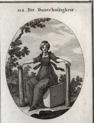 Allégorie de la stabilité assise sur un cube de marbre avec deux piles plantées dans la terre. Gravure dans « Iconologie oder Ideen aus dem Gebiete der Leidenschaften und Allegorien »