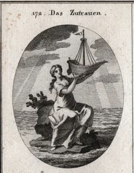 Allégorie de la confiance représentée par une femme assise sur une place au milieu de la mer et tenant dans sa main un navire qu