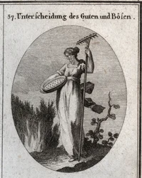 Allégorie de la distinction entre le bien et le mal. Le tamis sépare le bon grain de l