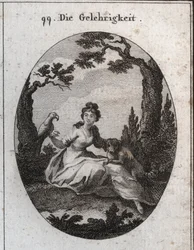 Allégorie de la docilité. Ses attributs sont la perruche et le petit chien en raison de leur obéissance et de leur désir de plaire. Gravure dans « Iconologie oder Ideen aus dem Gebiete der Leidenschaften und Allegorien bildlich dargestellt für Zeichner, Ma
