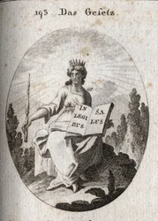 Allégorie de la loi. Son diadème rayonnant marque son origine divine. Le sceptre en désigne l
