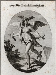 Allégorie de la lumière. Elle a des ailes sur la tête, les épaules, les pieds et les mains. Gravure dans « Iconologie oder Ideen aus dem Gebiete der Leidenschaften und Allegorien bildich dargestellt fur Zeichner, Mahler, Dichter, Gelehrte, Erzieher und fre