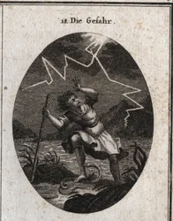 Allégorie du péril représentée par un jeune homme qui échappe à un courant rapide en posant le pied sur un serpent qui le pique et en même temps un éclair frappe derrière lui. Gravure dans « Iconologie oder Ideen aus dem Gebiete der Leidenschaften und Alle
