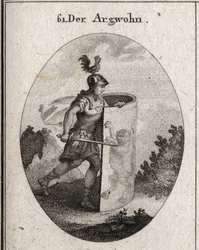 Allégorie de la suspicion avec un lion, symbole de la suspicion selon Aristote, et un coq sur le casque représentant la vigilance. Gravure dans « Iconologie oder Ideen aus dem Gebiete der Leidenschaften und Allegorien ».
