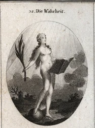 Allégorie de la vérité représentée nue sans artifice et naturelle regardant la lumière du soleil. La palme symbolise le triomphe de la fraude et le livre représente l