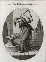 Allégorie de la tribulation. Elle tient un cœur sur une enclume et le frappe avec une petite fleur pour marquer que la tribulation enlève tout ce qui est rude et impur. Gravure dans « Iconologie oder Ideen aus dem Gebiete der Leidenschaften und Allegorien 