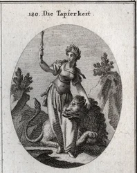 Allégorie de la valeur, couronnée de laurier, elle caresse un lion apprivoisé par elle. Le sceptre élevé signifie que son courage la rend digne de commander. Gravure dans « Iconologie oder Ideen aus dem Gebiete der Leidenschaften und Allegorien bildich da