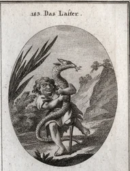 Allégorie du vice représentée par un nain serrant une hydre. Gravure dans « Iconologie oder Ideen aus dem Gebiete der Leidenschaften und Allegorien bildich dargestellt fur Zeichner, Mahler, Dichter, Gelehrte, Erzieher und freunde Hoherer Geschmacksbildung 
