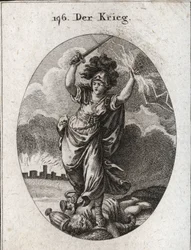 Allégorie de la guerre. Elle tient un éclair et une épée nue et brise sous ses pieds des vases en or et en argent et une statue du dieu Plutus symbolisée par une corne d
