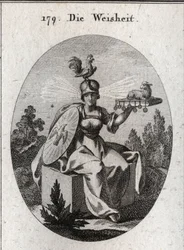 Allégorie de la sagesse. Ses vêtements et ses armes blanches définissent sa force et sa pureté. Le coq sur son casque est le symbole de son intelligence et de sa vigilance. Les rayons de lumière sortant de ses tempes signifient dignité et sainteté. Le livr