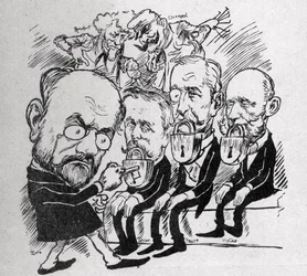 Émile Zola tente de déverrouiller les serrures qui ferment les bouches des présidents Jean Casimir-Perier (1847-1907) et Félix Faure (1841-1899) ainsi que du président du Conseil Jules Méline (1838-1925), tandis qu