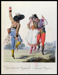 Danseurs hongrois en costume traditionnel, illustration d