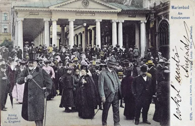 Carte postale représentant le roi Édouard VII (1841-1910) visitant la station thermale de Marienbad, c.1905