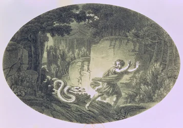 Tamino poursuivi par un serpent géant, acte I, scène I de « La Flûte enchantée » de Wolfgang Amadeus Mozart (1756-91)