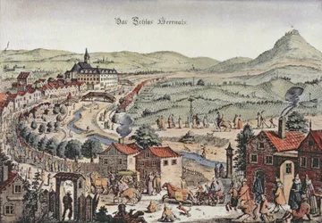 Vue du nord de Vienne avec le château de Hernals et les collines de Kahlenberg en arrière-plan (gravure)