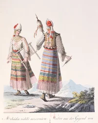 Femmes en costume traditionnel de la région de Mehadia, illustration du livre Costumes de Hongrie par J.H. de Bikkesy, 1810