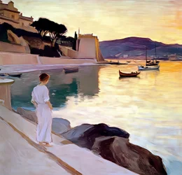 Une femme sur la côte au coucher du soleil