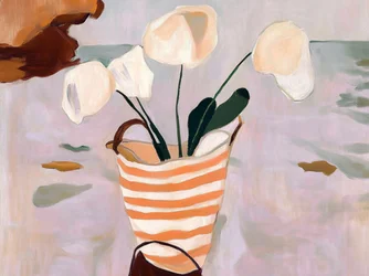 Panier rayé « Fleurs crémeuses »