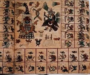 Représentation des divinités aztèques et des cases correspondant au calendrier. Page du manuscrit aztèque sur écorce « Codex Borbonicus », codex indigène précolombien du centre du Mexique, fin du 15ème siècle. Bibliothèque de l