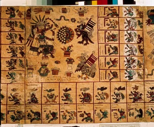 Représentation de divinités aztèques et cases correspondant au calendrier. Page du manuscrit aztèque sur écorce « Codex Borbonicus », codex indigène précolombien du centre du Mexique, fin du XVe siècle. Bibliothèque de l