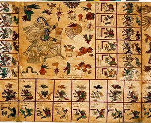 Représentation de divinités aztèques et boîtes correspondant au calendrier. Page du manuscrit aztèque sur écorce « Codex Borbonicus », codex indigène précolombien du centre du Mexique, fin du XVe siècle. Bibliothèque de l