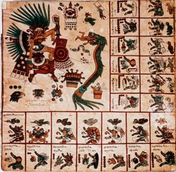 Représentation de Quetzalcoatl et Tezcatlipoca, divinités aztèques et cases correspondant au calendrier. Page du manuscrit aztèque sur écorce "Codex Borbonicus", codex indigène précolombien du centre du Mexique, fin du 15e siècle. Bibliothèque de l