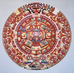 Civilisation précolombienne : le calendrier aztèque (Pierre du Soleil) : disque représentant le calendrier aztèque et la cosmogonie (Tonalpohualli)