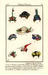 Dessins de chapeaux pour femmes par la modiste Marcelle Demay. Modèles de Marcelle Demay. Pochoir coloré à la main d